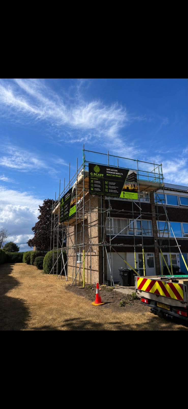 3-sided independent scaffold, 3 lifts high, installed for a full roof re-tile in Dibden, Hampshire